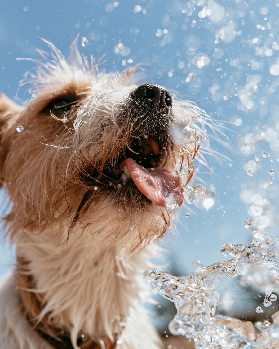 Scruffy terrier catching a splash of water on a sunny day