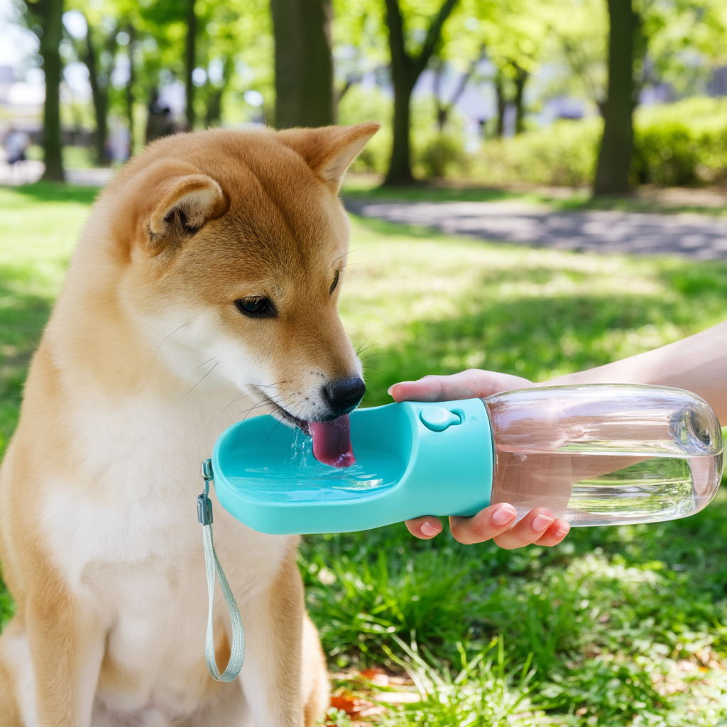 Happy dog drinking water on a walk